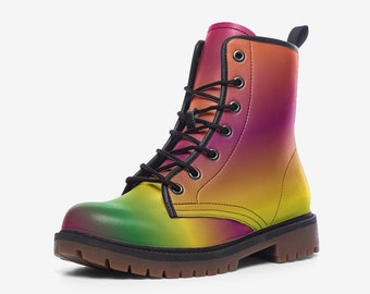 Botas de combate de couro vegano para homens ou mulheres, arco-íris Ombre, botins com cadarço