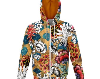 Harajuku Art Nouveau Floral Zip Up Hoodie, Festival Hoodie, Art Nouveau, Boho Hoodie, Floral Hoodie, lightweight zip hoodie, Rave Hoodie