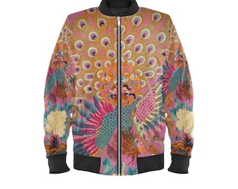 May include: A bomber jacket with a vibrant peacock feather design. The jacket features a full-length zipper, black ribbed cuffs, and a black collar. The design incorporates shades of pink, teal, orange, and gold, creating a colorful and eye-catching garment.