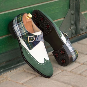 Unisex Luxury Handmade Golf Shoes, Single Monk Strap, Green Tartan and Suede, Plus Size Golf Shoes, handmade golf shoes, Golf Gift for Dad