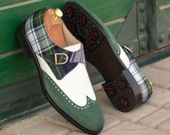 Luxury Handmade Golf Shoes Single Monk Strap, Green Tartan and Suede, Plus Size Golf Shoes, handmade golf shoes, Golf Gift for Dad