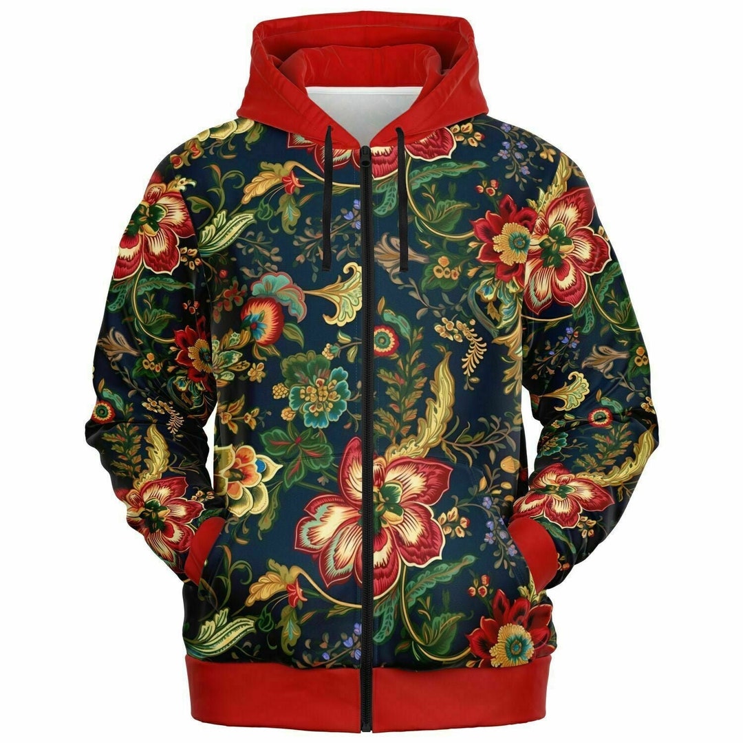 Chinoiserie Floral Zip-up Art Nouveau Hoodie - Premium Blend, High-def ...