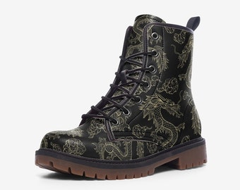 Golden Dragon Vegan Leather Combat Boots, ankle boots, lace up boots,