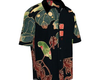 Camicia Ukiyo-e in seta, lino o cotone, nera, camicia a maniche corte di arte giapponese, camicia da bowling, camicia hawaiana