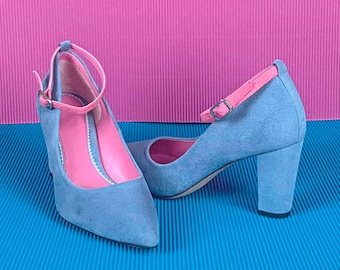 Handmade luxurious Italian Suede Block Heels, Ankle Strap Heels, Wedding Guest Heels, designer pumps, unique women's pumps, blue heels