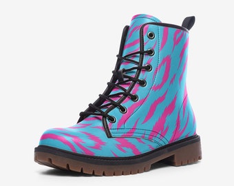 Combat Boots Neon Tiger, Animal Print, Ankle Boots, Vegan Leather Combat Boots, Lace Up Boots