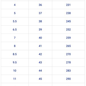 May include: A shoe size conversion chart for men, with US sizes ranging from 3 to 13.5, corresponding European sizes, and foot lengths in millimeters. The table is labeled "SIZE TABLE (MEN)".