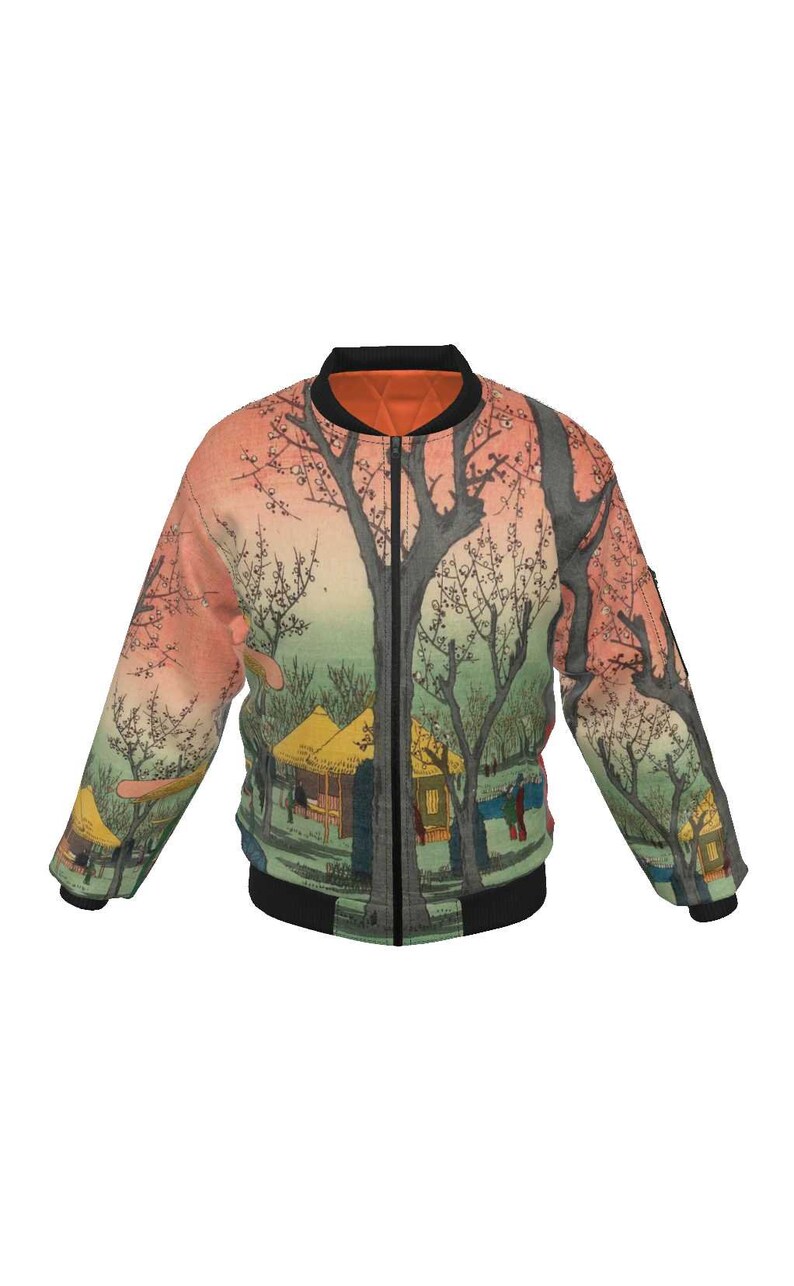 May include: A bomber jacket featuring a Japanese landscape design with trees, houses, and figures. The jacket has a black collar, cuffs, and hem, with an orange interior lining and a zipper closure.