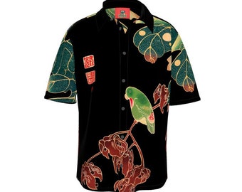 Luxury Handmade Short Sleeve Shirt in Recycled Organic Hemp, Organic Silk, or Organic Cotton Satin with Japanese Art, Bowling, Hawaiian