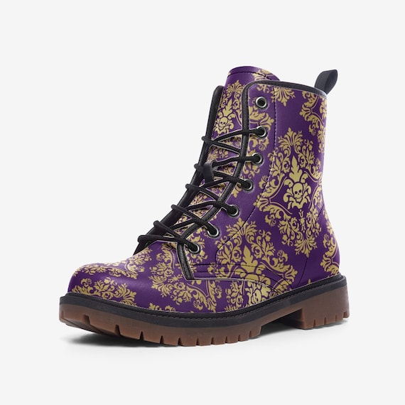 靴 y2k VIOLET EDGE BOOTS Gothic Skull Purple Vegan Leather Steampunk Combat Boots, Macabre