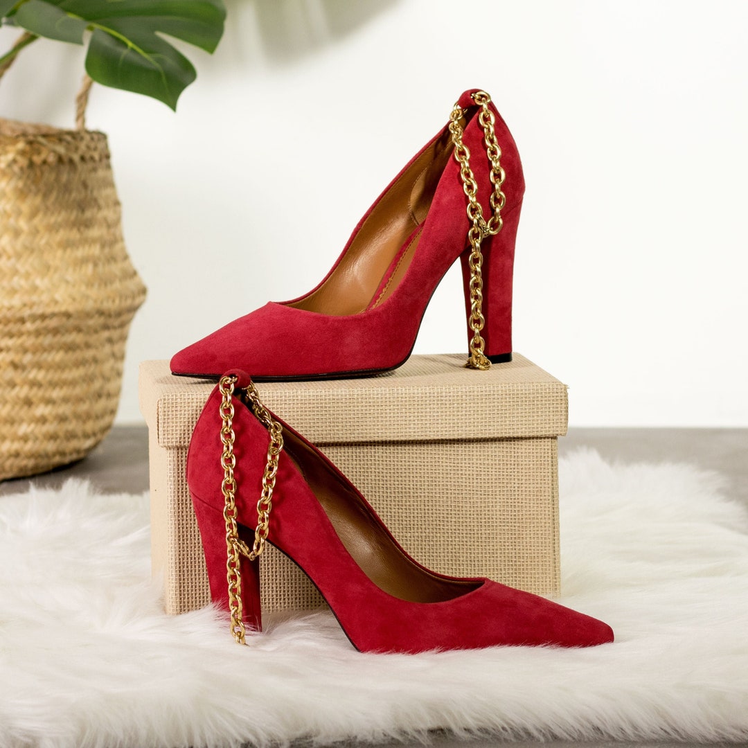 High Heels in Red Suede With Ankle Chain Wrap, Women's High Heels