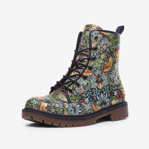 Y2K Vegan leather Art Nouveau Combat Boots, William Morris The Strawberry Thieves, 90s fashion boots