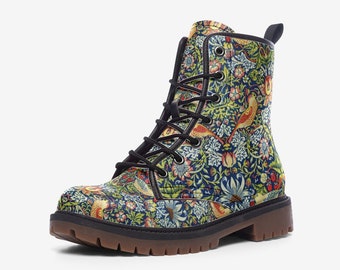 Y2K Vegan leather Art Nouveau Combat Boots, William Morris The Strawberry Thieves, 90s fashion boots