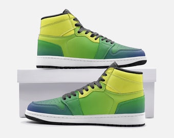 Y2k Vegan Leather Retro Green Yellow Blue Ombré Hi Tops, Festival Sneakers, 90s retro sneakers
