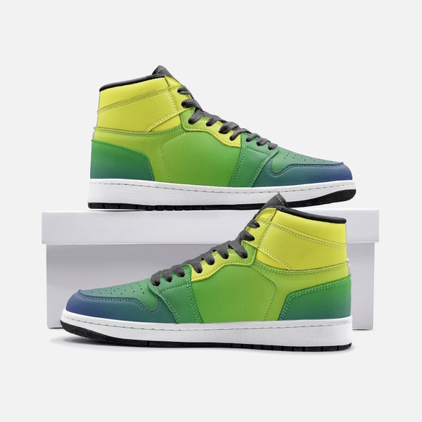 Y2k Vegan Leather Retro Green Yellow Blue Ombré Hi Tops, Festival Sneakers, sneakers retrò anni '90