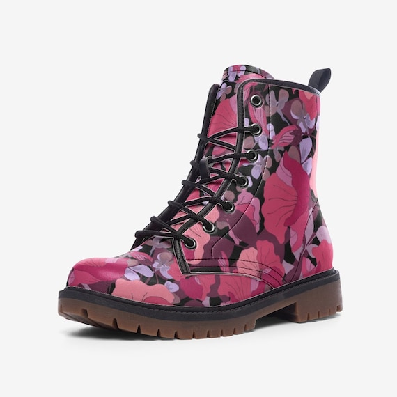 Y2K Combat Boots Mid Century Floral, Ankle Boots, Vegan Leather