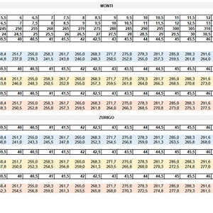 May include: Shoe size chart showing measurements in millimetres (mm) for different shoe models, such as Monti and Zurigo. Includes UK, US, KR, JP, and EU sizes.