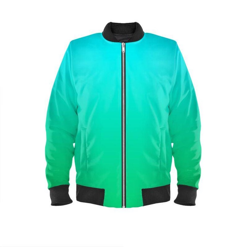 Pode incluir: Casaco bomber com design gradiente de turquesa a verde. Apresenta gola, punhos e bainha pretos, e um z&iacute;per prateado de comprimento total. Uma pe&ccedil;a de roupa exterior casual.