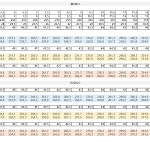May include: Shoe size chart with measurements in millimeters (mm) for various shoe models, including Monti and Zurigo. Displays UK, US, KR, JP, and EU sizes.