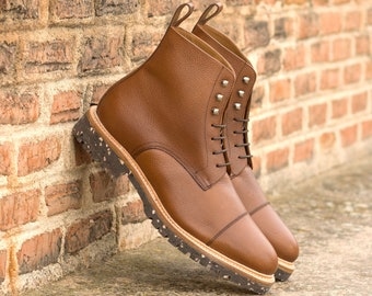 Handmade Luxury Brown Leather Combat Boots with Goodyear Welted Recycled Rubber soles, Plus Sized Boots,
