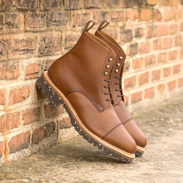 Handmade Luxury Brown Leather Combat Boots with Goodyear Welted Recycled Rubber soles, Plus Sized Boots,