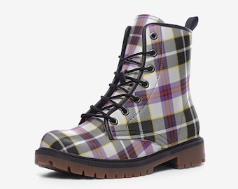 Y2K boots, 90s boots, Vegan Leather Combat Boots Purple and White Plaid, Women's and Men's