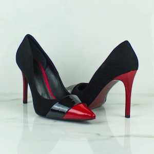 Luxury Handmade Heels in Black Suede with a Red Sole, Red Patent Leather, Wedding Guest Shoes, Sexy Women&#39;s Pumps
