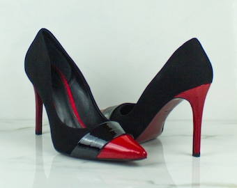 Luxury Handmade Heels in Black Suede with a Red Sole, Red Patent Leather, Wedding Guest Shoes, Sexy Women's Pumps