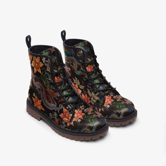 Y2k Boots, Vegan Leather Chinese Dragon & Orange Blossom Combat