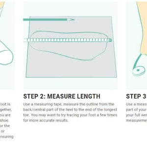 May include: A three-step guide to measuring feet for shoes. Step 1: Trace foot on paper. Step 2: Measure length with a measuring tape. Step 3: Measure width with a measuring tape. Instructions are in black text.