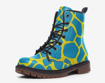 Stivali da combattimento in pelle vegana Y2K, stampa animalier, stampa giraffa, stivali da combattimento al neon, stivaletti, stivali Y2k, moda estetica, stivali stringati