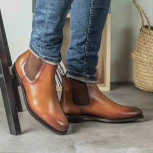 Handmade Luxury Brown Leather Chelsea Boots, Slip on Boots For Men, Dress Boots