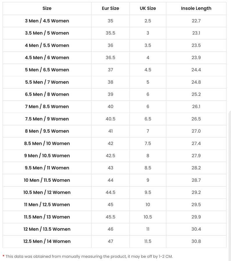 May include: A shoe size chart with columns for Size, Eur Size, UK Size, and Insole Length in centimeters. Sizes range from 3 Men / 4.5 Women to 12.5 Men / 14 Women. The chart includes corresponding European and UK sizes.