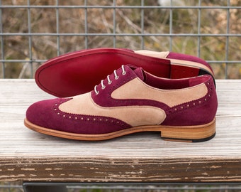 Zapatos brogue de ante para mujer en combinación de colores fresa y natilla, zapatos brogue de vestir para mujer, zapatos retro, zapatos de baile swing