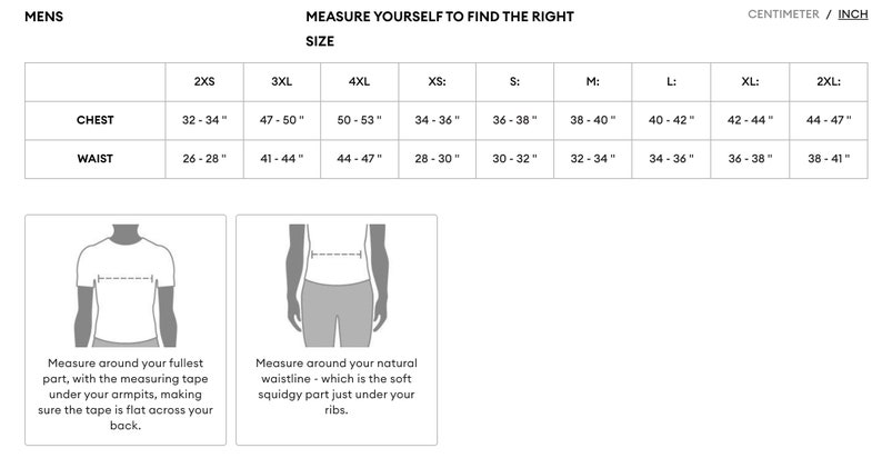 Pode incluir: Tabela de tamanhos de roupa masculina, com medidas de peito e cintura em polegadas. Tamanhos de 2XS a 2XL. Diagramas que ilustram como medir o peito e a cintura.