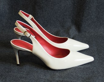 Handmade Designer White Heels with red sole, Pumps for wedding, kitten heel,Monroe Slingback Heel, High Heels Pumps,  White Leather Shoes