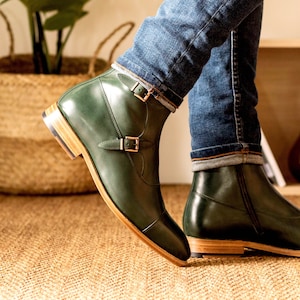 Handmade Luxury Boots, boots for wedding, boots for suit, Leather Boot with Buckle and Leather Sole, Green Leather Boots