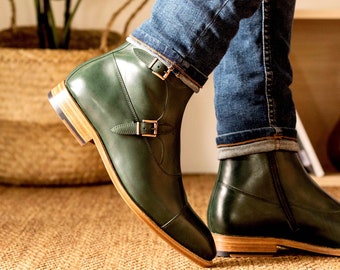 Handmade Luxury Boots, boots for wedding, boots for suit, Leather Boot with Buckle and Leather Sole, Green Leather Boots