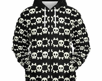 May include: Black zip-up hoodie featuring a repeating pattern of white skulls and crossbones. The hooded sweatshirt has a full zipper and a black hood. The design covers the entire front and sleeves of the hoodie.