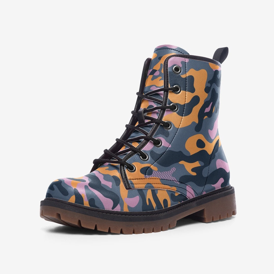 Y2K Vegan Leather Urban Camo Combat Boots, 90s Boots, Aesthetic