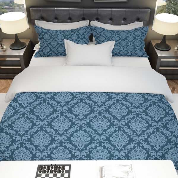 Bedding Set - Sateen Cotton Luxury Blue Damask