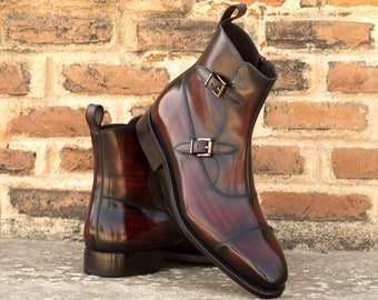 Handmade Goodyear Welted Brown Leather Boots, Wedding Boots for Men, Ankle Boots with Buckle