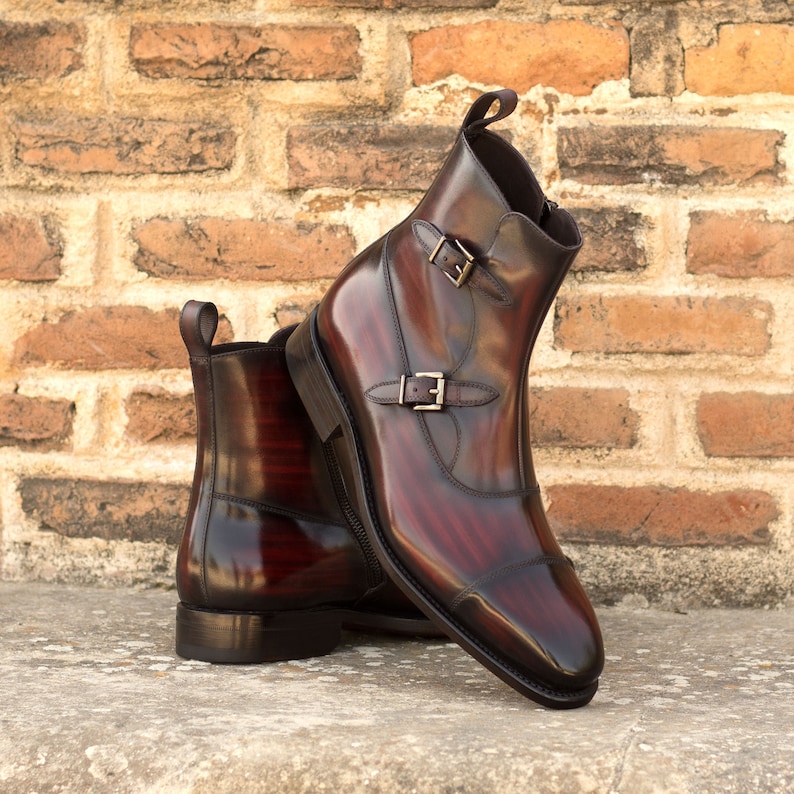 Up to Size Us 17! Burgundy Leather Goodyear Welted Boots, Octavian Buckle Boots