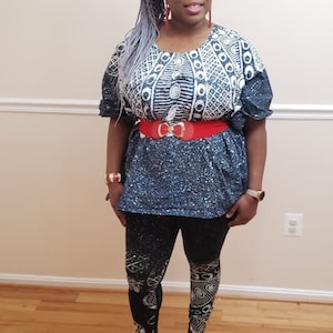 African ADIRE Hand Painted Kaftan Top and Leggings Set, Dashiki, Bubu top & high waist set