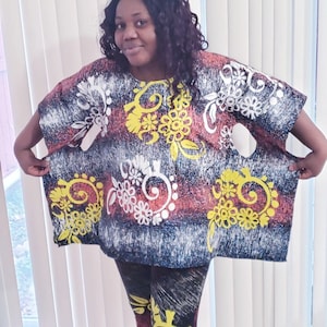 African ADIRE Hand Painted Kaftan Top and Leggings Set, Dashiki, Bubu top & high waist set- Size: Small