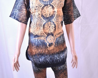 African ADIRE Hand Painted Top and Leggings Set Dashiki, Bubu top & high waist set- Size: Small