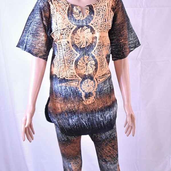 African ADIRE Hand Painted Top and Leggings Set Dashiki, Bubu top & high waist set- Size: Small