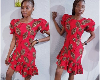 Afrikanskt tryckt assymetrisk volangklänning i midimodell, Afrikansk Ankara-klänning, Afrikansk tryckt klänning, Ankara-klänning, Afrikanska kläder för kvinnor