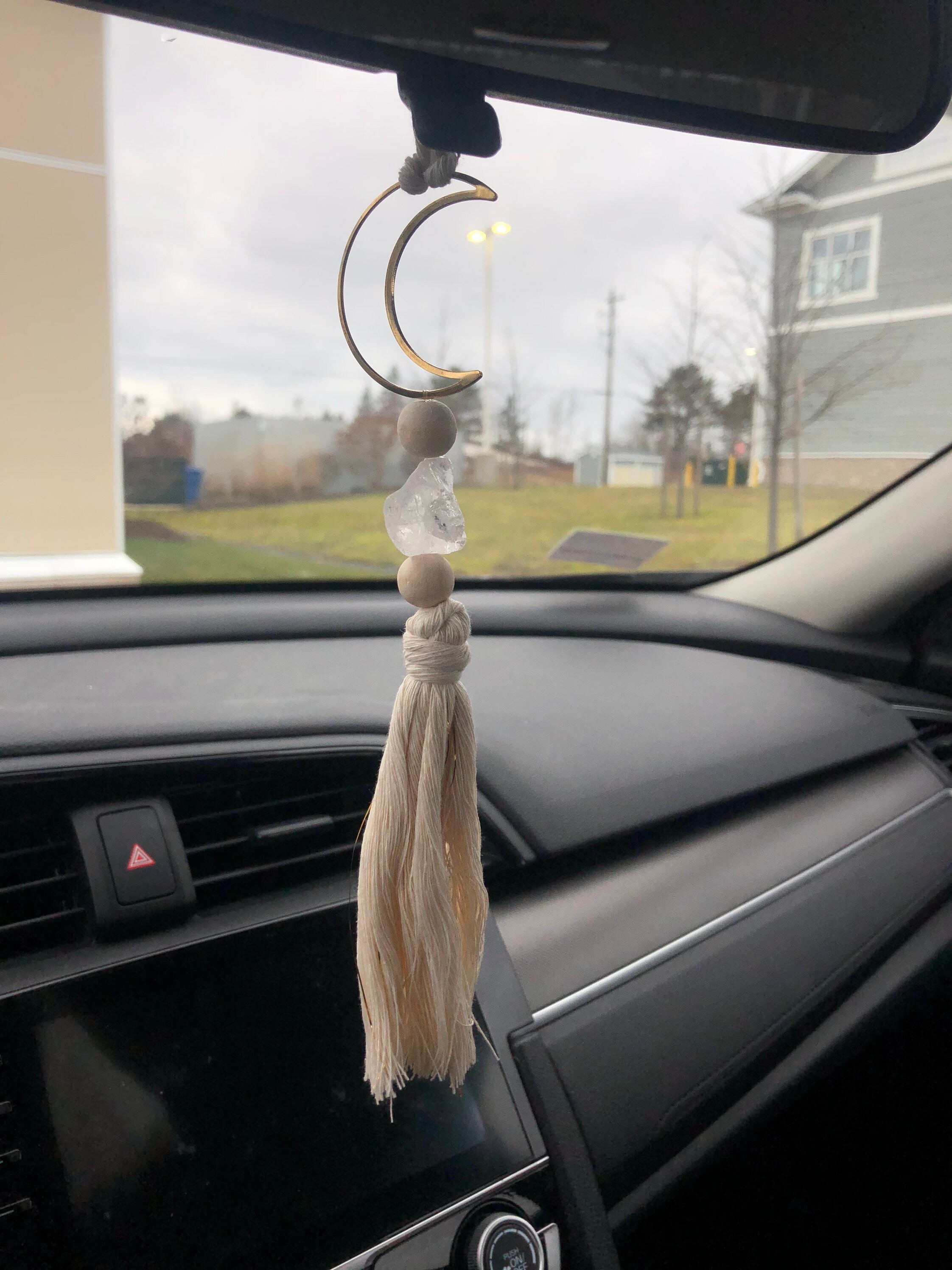 Macrame crystal brass moon rear view mirror hanger /car charm Etsy