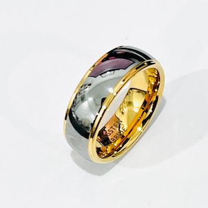 Golden Rim Silver Band. Crafted from High-Quality Tungsten Carbide, this 8.0mm unisex ring is exceptional, mirror like reflection